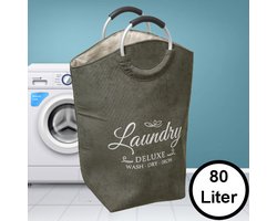 XL Wasmand 80L - Tekst Deluxe Laundry -> Wash Dry Iron - Waszak met handvat - Grote Badkamer Wasmand - Velours - Kaki