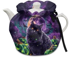 Xoenoiee Halloween Zwarte Kat Patroon Theemuts, Keuken Theepot Stofhoes, Theepot Warmhouder, Theepot Hoes Isolatie, Theeketel Hoes voor Thuis Keuken Tafel Theefeest
