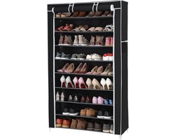 | XXL 10 Laags Stofvrije Afsluitbaar Schoenenrek voor ca. 54 paar Schoenen | Stoffen Schoenenkast | Groot Afsluitbare Schoenenrek | Afm. 100 x 28 x 162 cm. | Kleur: Zwart