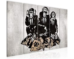 XXL 5-Delig Muur Schilderij Drie Apen 200x80 cm Grijs - Fotoprint op Vliesdoek