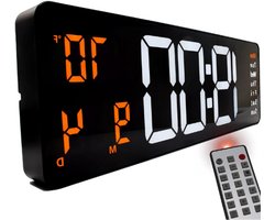 XXL-Digitale-Wandklok-Wit-Oranje-Grote-LED-Klok-Met-Temperatuurweergave-Geruisloos-Lichtgevende-Klok