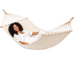 XXL Hangmat met Spreidstok 200x120 cm Beige - Dubbele Hangmat 2 Personen Indoor Outdoor 100% Katoen Balkon Tuin Terras Camping Reishangmat Schommel Ligmat XL