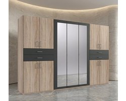 XXL Kledingkast met Spiegel – 313 cm Breed – Eiken Ruw Gezaagd & Grafiet – 11 Deuren, 4 Laden, 4 Planken, 2 Kledingroedes – Moderne Slaapkamer Garderobekast Made in GermanyMobili Bella