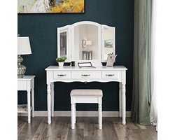 XXL Luxe Grote Make-Up Kaptafel met 3 Delige Vouwspiegel en Kruk | Inklapbaar te gebruiken als Bureau | Inclusief gepolsterde Kruk, 3 lades | Eenvoudige montage | Geschikt voor slaapkamer of kleedkamer | Afm. 140x108x47 Cm | Kleur: WIT (2 DOZEN)