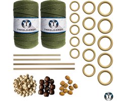 XXL Macramé Pakket | 400 METER | Incl. Handleiding | Olijfgroen | Starter Set | Ringen | Kralen | Stokken | Macramé Touw | 3mm | 100% Katoen | Macramé | Decoratie | DIY | Doe Het Zelf | Wandkleed | Dromenvanger | Plantenhanger | Tassen | TheOldOmen