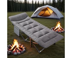 XXL Opvouwbaar Campingbed 280KG – 2-in-1 Verstelbare Relaxstoel met Matras, Hoofdsteun & Zijvak – Heavy Duty Ligbed met Draagtas voor Camping, Tuin & Strand