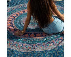 XXL Strandlaken 220 x 235 - Extra groot vakantie Strandkleed - Picknick Kleed- Lichtgewicht 100% Duurzaam Katoen - (Blauw Zalm kleurige Mandala) - Boho Ibiza Mandala - Sneldrogend kleed