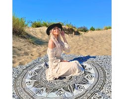 XXL Strandlaken 220 x 235 - Extra groot vakantie Strandkleed - Picknick Kleed- Lichtgewicht 100% Duurzaam Katoen - Flowerpower Black - (Zwart grijs & Wit mandala) - Boho Ibiza Mandala - Sneldrogend kleed