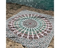 XXL Strandlaken 220 x 235 - Extra groot vakantie Strandkleed - Picknick Kleed- Lichtgewicht 100% Duurzaam Katoen - (Turquoise Taupe & Wit) - Boho Ibiza Mandala - Sneldrogend kleed