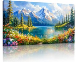 XXL Wanddoek Bergmeer Landschap met Kleurrijke Bloemenweide - 59x119 cm Natuur Kunstprint voor Woonkamer en Slaapkamer