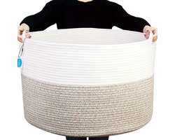 XXXLarge Katoenen Touwmand voor Woonkamer - Geweven Opbergmand met Handvat voor Dekens Handdoeken en Kussens | Wit en Bruin - Extra Groot (559 x 559 cm x 356 cm) blanket basket