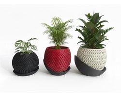 Yafico Plantenpot Set van 3 met Lekschotel — Design Bloempot Binnen met Drainage — Handgemaakt in Nederland