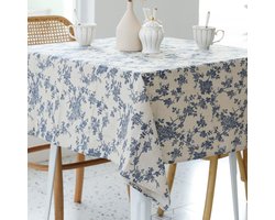 YAGXIG Tafelkleed - Bloemenprint Tafelkleed - Vintage Tafelkleed - Katoen-linnen Tafelkleed - Wasbaar - Landelijke stijl - Geschikt voor kleine vierkante tafels in huis/tuin - Blauw - Vierkant 140×140cm (Geschikt voor vierkante tafels van 80-100cm)