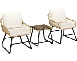 Yaheetch 3-delige polyrotan bistroset bistrotafel met 2 stoelen tuinmeubelset balkonmeubels klein balkon lounge meubels outdoor, lichtbruin en crèmewit