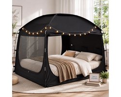 YEERSWAG Bedtent voor 2-persoonsbed – Zwarte Slaaptent met Verduistering, Pop Up Klamboe, 3 Deuren, Mesh Ventilatie, Opbergvakken & Sterrenverlichting