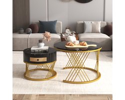 YEHTOKHOME 2-delige Ronde Salontafel met Lade - Zwart Marmerlook Tafelblad - Kleine Tafel met Kunststof Rotan Lade - Stijlvolle Bijzettafel - Goud Metalen Frame - 70x70x45,5 cm/50x50x38,5 cm