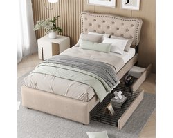 YEHTOKHOME Eenpersoonsbed 90x200 cm Gestoffeerd bed plat bed met 2 lades - decoratieve klinknagels - lattenbodem - opbergruimte - linnen - beige bruin (zonder matras)
