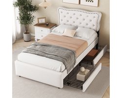 YEHTOKHOME Eenpersoonsbed 90x200 cm Gestoffeerd bed plat bed met 2 lades - decoratieve klinknagels - lattenbodem - opbergruimte - linnen - lichtbeige (zonder matras)