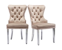 YEHTOKHOME Eetkamerstoelen Set van 2, Keukenstoel Woonkamerstoel met unieke deurklopper op de rugleuning, Gestoffeerde stoel met nagelkoppen, Metalen Poten, Fluwelen bekleding, Beige
