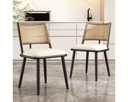 YEHTOKHOME Eetkamerstoelen, set van 2, Keukenstoelen met PU-zitting en rotan geweven rugleuning, Retro natuurlijk, Gestoffeerde stoel voor eetkamer, woonkamer en slaapkamer, Zwart