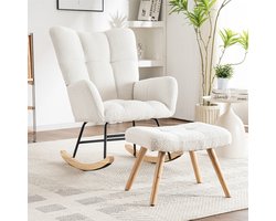 YEHTOKHOME Ergonomische Schommelstoel met hocker - Relaxstoel babykamer - Fauteuil - Loungestoel - rubberhout onderstel - voorzien van vloerbeschermende viltstrips - teddy stof - Wit