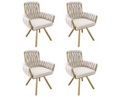 YEHTOKHOME Fluwelen Eetkamerstoelen- Draaistoel met armleuningen - Fauteuil - Make-upstoel - Velvet stoel voor woonkamer, eetkamer, slaapkamer - Gouden metalen poten - 360° graden draaibaar - Set van 4 - Beige