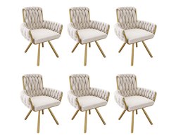 YEHTOKHOME Fluwelen Eetkamerstoelen- Draaistoel met armleuningen - Fauteuil - Make-upstoel - Velvet stoel voor woonkamer, eetkamer, slaapkamer - Gouden metalen poten - 360° graden draaibaar - Set van 6 - Beige