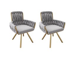 YEHTOKHOME Fluwelen Eetkamerstoelen- Draaistoel met armleuningen - Fauteuil - Make-upstoel - Velvet stoel voor woonkamer, eetkamer, slaapkamer - Gouden metalen poten - 360° graden draaibaar - Set van 2 - Grijs