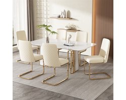 YEHTOKHOME Fluwelen Eetkamerstoelen, Set van 6, Rugleuning met diamantvormig gaasontwerp, Glanzende gouden metalen poten en antislipvoetjes, Eenvoudige en elegante stoelen, Beige