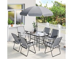 YEHTOKHOME Garden tuinset - Zitgroep 8-delig 119 x 68 cm glazen tafel met 6 klapstoelen parasol waterstructuur, Tuinmeubelset voor tuin terras, Grijs
