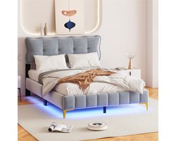 YEHTOKHOME Gestoffeerd bed 140 x 200 cm, jeugdbed, tweepersoonsbed met LED verlichting, met lattenbodem en hoofdeinde, metalen voeten, fluwelen stof, grijs (zonder matras)