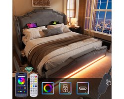 YEHTOKHOME Gestoffeerd bed 180x200 cm met opbergruimte, Tweepersoonsbed met 4 lades, LED verlichting, USB Type C-oplader, Opbergbed volwassen bed met lattenbodem, Fluweel, Retrostijl, Grijs (zonder matras)