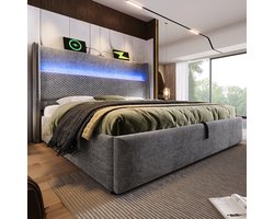 YEHTOKHOME Gestoffeerd Bed 180x200 cm Tweepersoonsbed met LED verlichting - USB C-type oplaadfunctie - Hydraulisch bed met opbergruimte - Hoog hoofdeinde - Lattenbodem - Grijs Linnen (zonder matras)