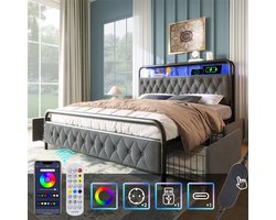 YEHTOKHOME Gestoffeerd bed Eenpersoonsbed met opladen USB Type C oplaadfunctie, APP-Control LED verlichting, Metalen bed 160x200 cm en 4 laden, opbergbed, fluweel, grijs (zonder matras)