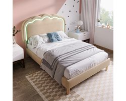 YEHTOKHOME Gestoffeerd bed LED eenpersoonsbed 90 x 200 cm, Bedframe met lattenbodem en verstelbaar hoofdeinde, Kinderbed in beige, Jeugdbed voor slaapkamer gastenkamer, Linnen (zonder matras)