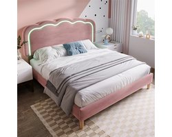YEHTOKHOME Gestoffeerd bed LED tweepersoonsbed 140 x 200 cm, Bedframe met lattenbodem en verstelbaar hoofdeinde, Kinderbed in roze, Jeugdbed voor slaapkamer gastenkamer, Fluweel (zonder matras)