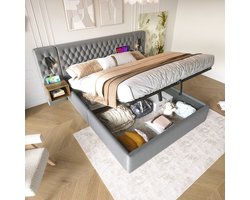 YEHTOKHOME Gestoffeerd bed Tweepersoonsbed 160x200 cm met 2 nachtkastjes, Hydraulisch opbergbed met Leeslampje met opladen USB Type C oplaadfunctie, fluweel, grijs (zonder matras)