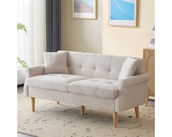 YEHTOKHOME Gestoffeerde bank met armleuningen en poten van massief hout, moderne 2-zitsbank met 2 kussens, tweezitsbank van chenille stof voor woonkamer, slaapkamer, appartement, beige