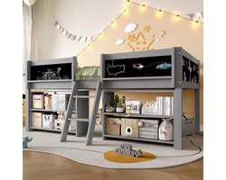 YEHTOKHOME Halfhoog Bed 90 x 200 cm - Kinderbed met meerdere opbergplanken - Veiligheidshekje en Ladder - Tekenbord - Massief Grenen - Grijs - Minimalistische stijl - Zonder Matras