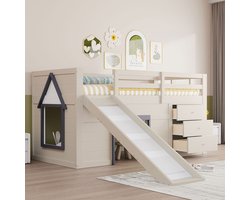 YEHTOKHOME Halfhoog bed 90 x 200 cm met Glijbaan en Opbergruimte - 3 Laden en 2 Deuren - Kinderbed Halfhoogslaper met valbeveiliging - Crème Wit - Zonder matras