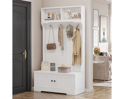 YEHTOKHOME Halkast met Zitbank en Opbergruimte - Kapstok en Schoenenkast - 4 Haken en 2 Open Vakken - Halmeubel 101,5x183 cm - Spaanplaat - Wit