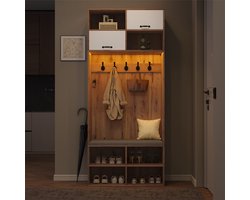 YEHTOKHOME Halmeubel met 2 Deuren en 6 Open Vakken - Kapstok en Schoenenkast - Hal Kast met Zitting en 5 Haken - LED-verlichting - Natuurlijke + Wit - 80 x 35 x 185 cm