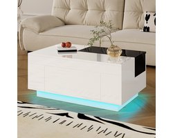 YEHTOKHOME Hoogglans Salontafel met LED-Verlichting en lade - Uitschuifbaar tafelblad - Verborgen opbergruimte - Moderne bijzettafels - Koffietafel - Wit - 80x50x35,5 cm