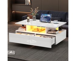 YEHTOKHOME Hoogglans Salontafel met opbergruimte en LED Verlichting - Stijlvolle bijzettafel met 2 lades - 90x55x41 cm - Koffietafel voor woonkamer - Wit