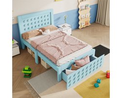 YEHTOKHOME Houten Eenpersoonsbed 90x200 cm, kinderbed jeugdbed met lades en opbergruimte onder het bed, massief houten bedframe, lattenbodem, creatief blokontwerp, blauw, zonder matras