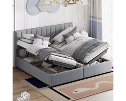 YEHTOKHOME Kinderbed gestoffeerd bed 180x200 cm - Hydraulisch opbergbed - Huidvriendelijk linnen tweepersoonsbed met opbergruimte - Verstelbaar hoofdeinde - Grijs (zonder matras)