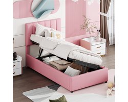 YEHTOKHOME Kinderbed gestoffeerd bed 90x200 cm - Hydraulisch opbergbed - Huidvriendelijk linnen eenpersoonsbed met opbergruimte - Verstelbaar hoofdeinde - Roze (zonder matras)