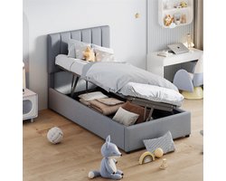 YEHTOKHOME Kinderbed gestoffeerd bed 90x200 cm - Hydraulisch opbergbed - Huidvriendelijk linnen eenpersoonsbed met opbergruimte - Verstelbaar hoofdeinde - Grijs (zonder matras)