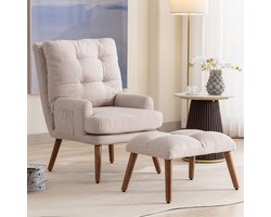 YEHTOKHOME Loungestoel met voetsteun - 5-voudig verstelbare rugleuning - Fauteuil met zijvakken voor opbergruimte - Relaxstoel - Woonkamerstoel - Leesstoel - Beige