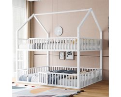YEHTOKHOME Metalen hoogslaper 140 x 200 cm met ladder, Kinderbed stapelbed met zijhekken, onderste bed met kleine deur om te openen en te sluiten, wit